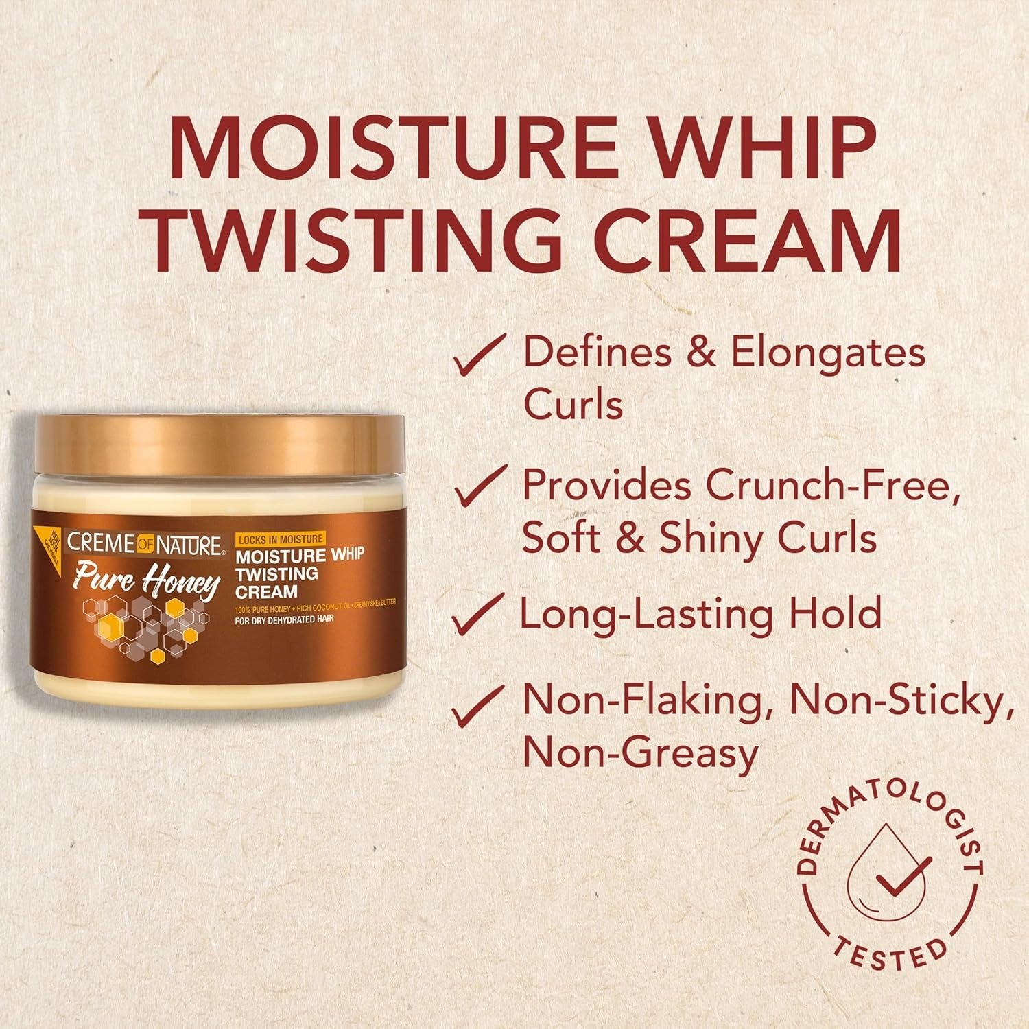Creme of Nature jar of Moisture Whip pure honey twisting cream defining and elongating curls with long lasting hold