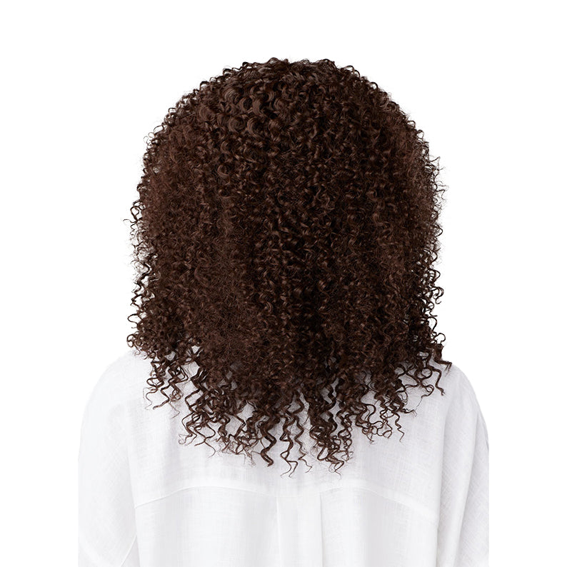 SENSATIONNEL dark brown Burmese curl hair extensions shoulder length on model back view natural tight curls