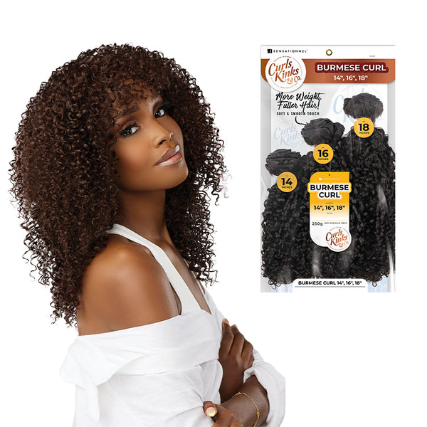 Model with voluminous brown curls wearing Burmese curl hair extensions beside Sensationnel packaging showing 14 16 18 inch bundles