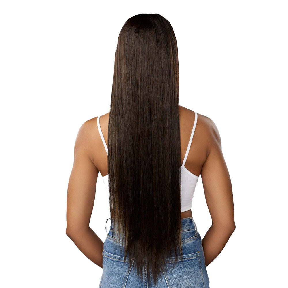 SENSATIONNEL straight 18 inch wig with long sleek dark brown hair shown from the back