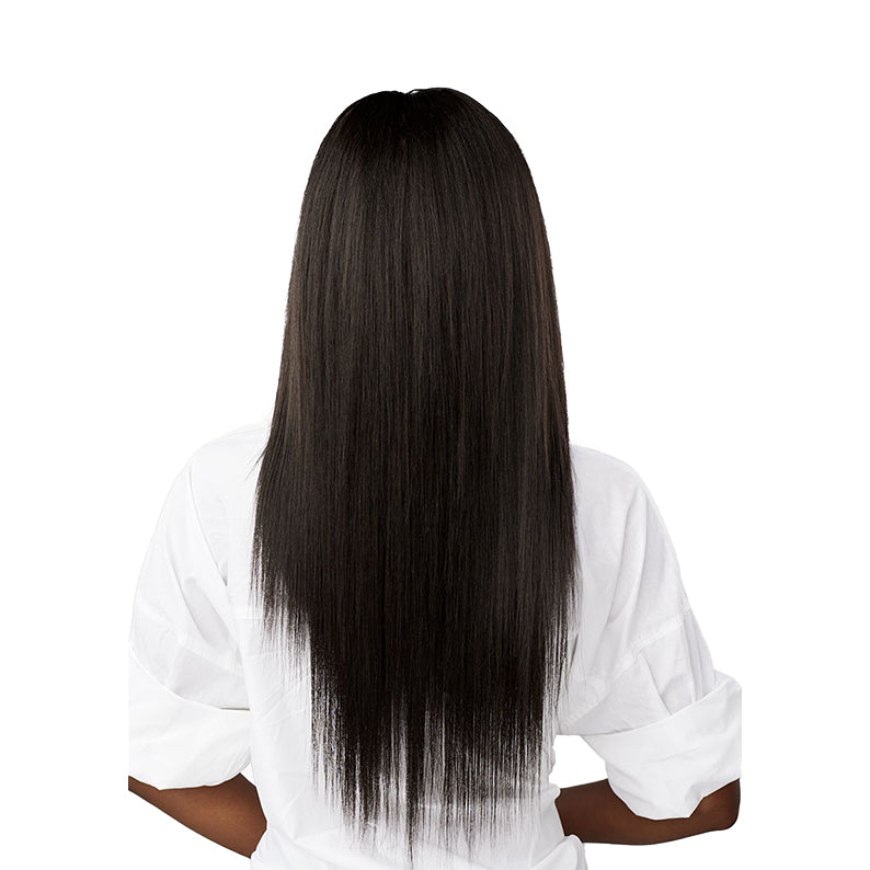 SENSATIONNEL multi length straight hair bundles shown in long, sleek, and smooth black hair on model