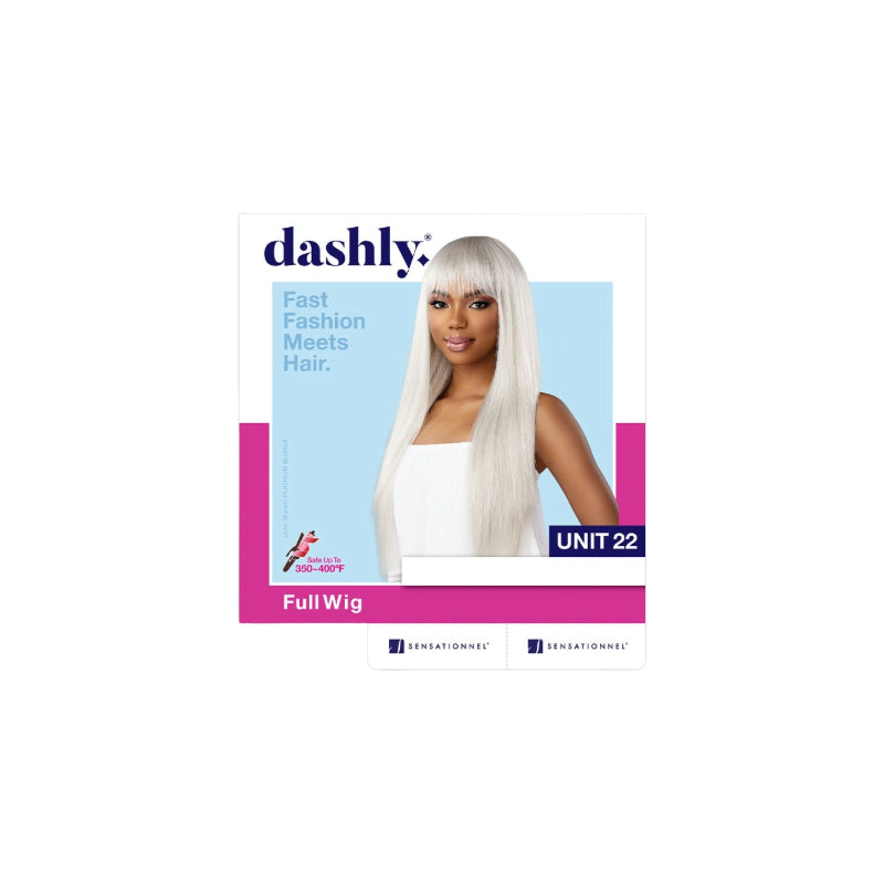SENSATIONNEL Dashly Unit 22 full wig long straight platinum blonde with bangs on model
