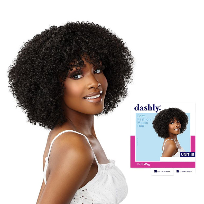 SENSATIONNEL curly bob lace front wig shown on model with short voluminous tight black curls