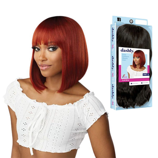 Dashly synthetic hair wig red bob with blunt bangs on model plus SENSATIONNEL packaged black wig