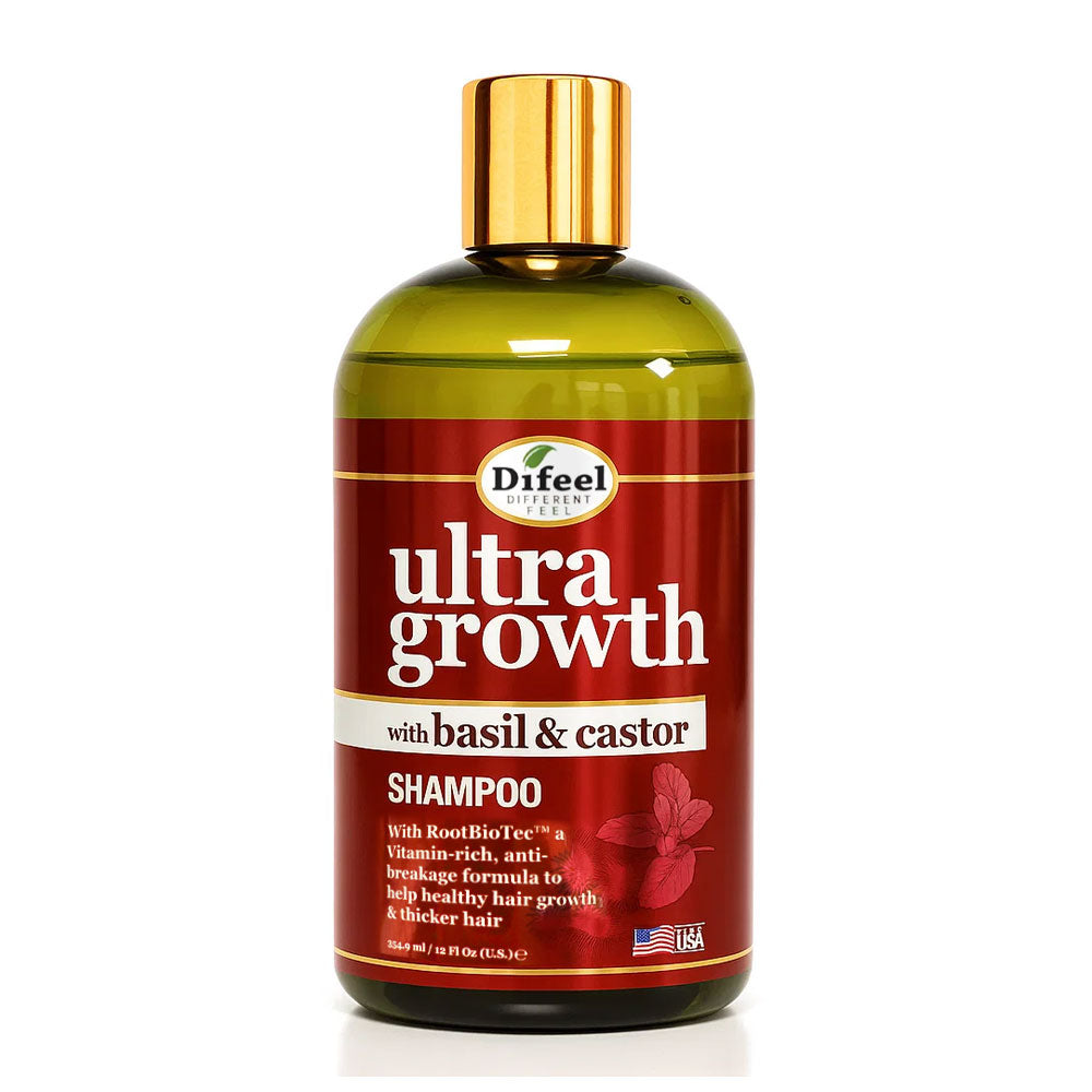 DIFEEL Ultra Growth with basil and castor shampoo bottle ultra growth shampoo for hair in green bottle with gold cap