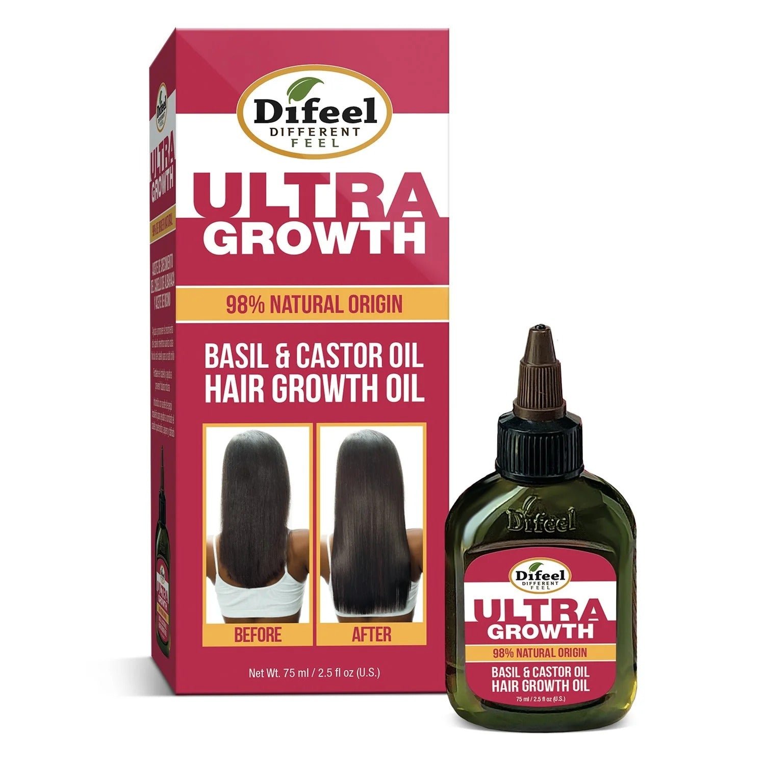 DIFEEL Ultra Growth basil and castor oil hair growth oil bottle and box showing before and after hair results