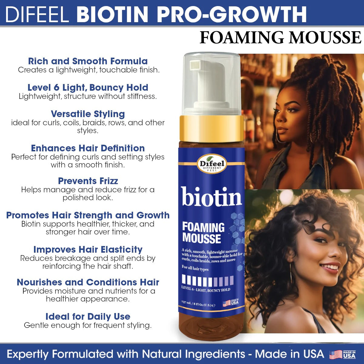 DIFEEL biotin foaming mousse for hair bottle with blue and gold pump label next to women showing curly hair and locs results