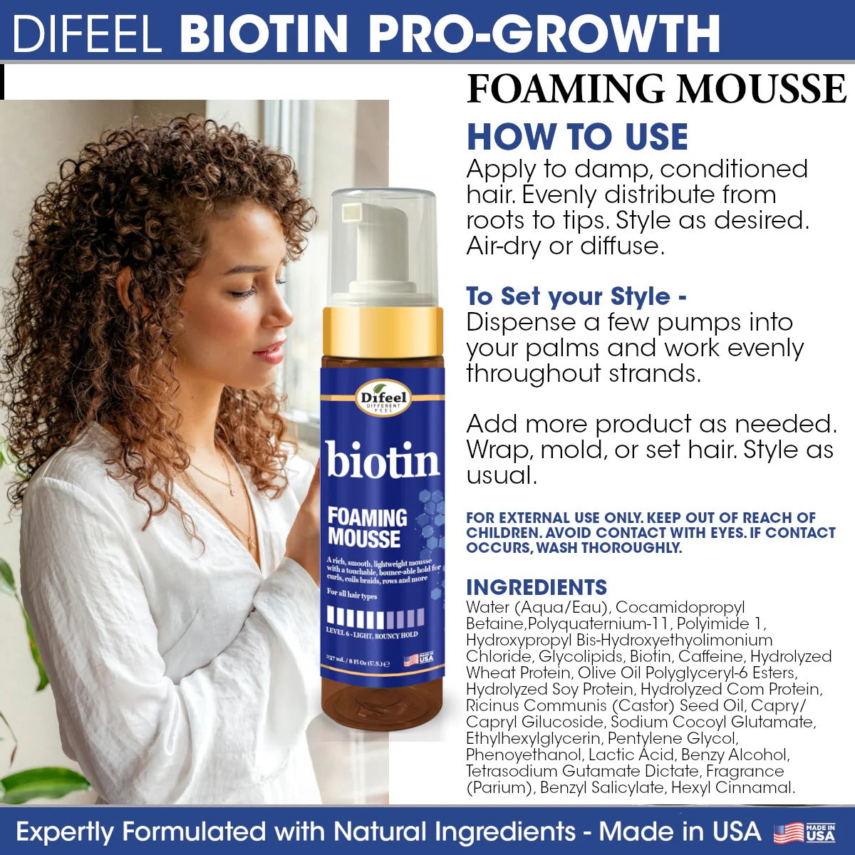 DIFEEL biotin foaming mousse for hair bottle with pump beside curly haired woman and usage directions
