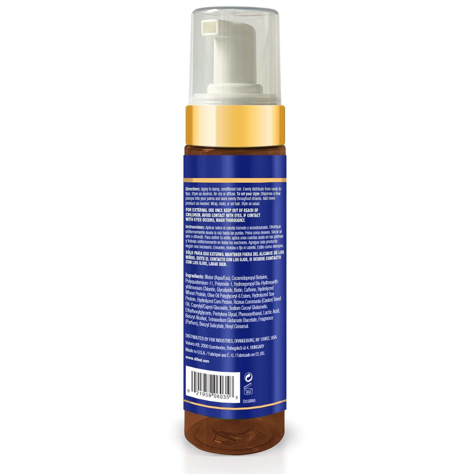 DIFEEL biotin foaming mousse for hair bottle with pump dispenser blue label and gold collar
