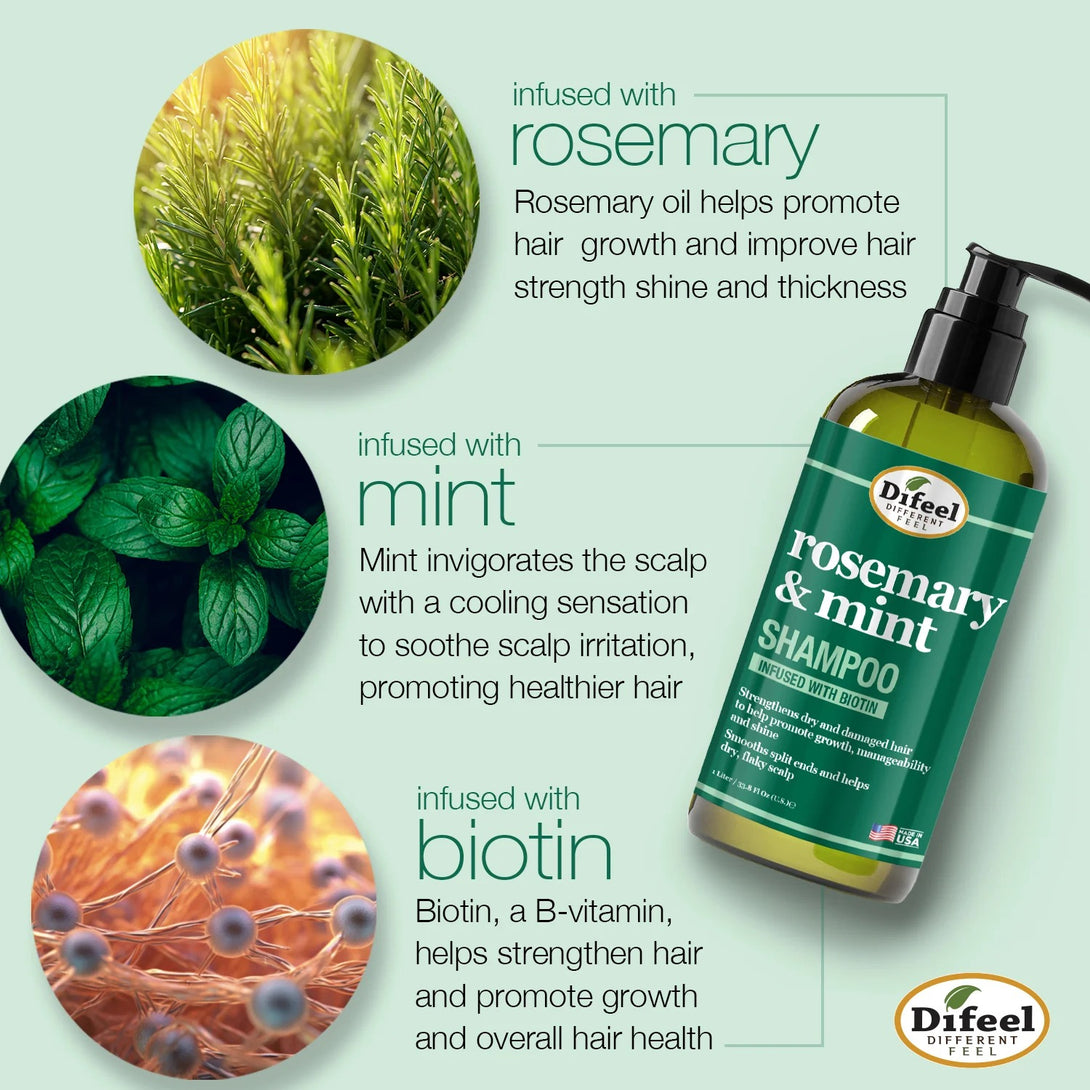 Green DIFEEL rosemary and mint shampoo with biotin bottle beside rosemary sprigs mint leaves and biotin graphic