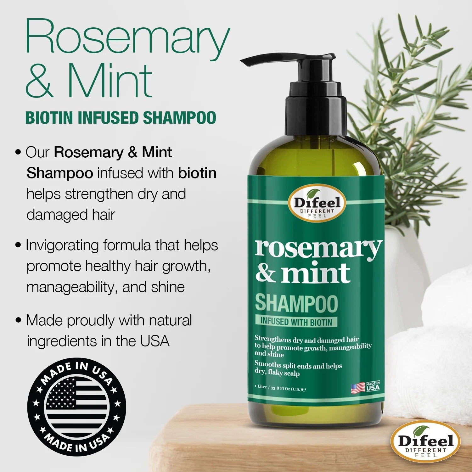 Difeel rosemary and mint shampoo with biotin in green pump bottle with rosemary sprig background