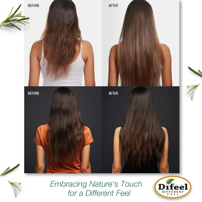 DIFEEL rosemary and mint styling cream back view before and after photos showing smoother shinier long hair transformation