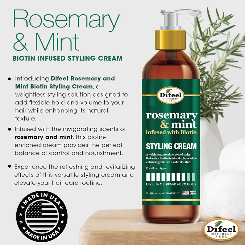 Difeel rosemary and mint styling cream pump bottle with biotin on wooden surface and rosemary sprig