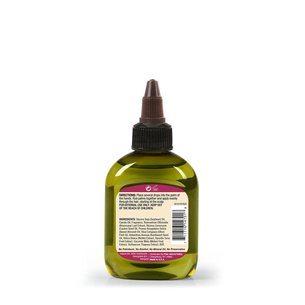 DIFEEL green applicator bottle of rosemary hair growth oil showing back ingredient label and nozzle