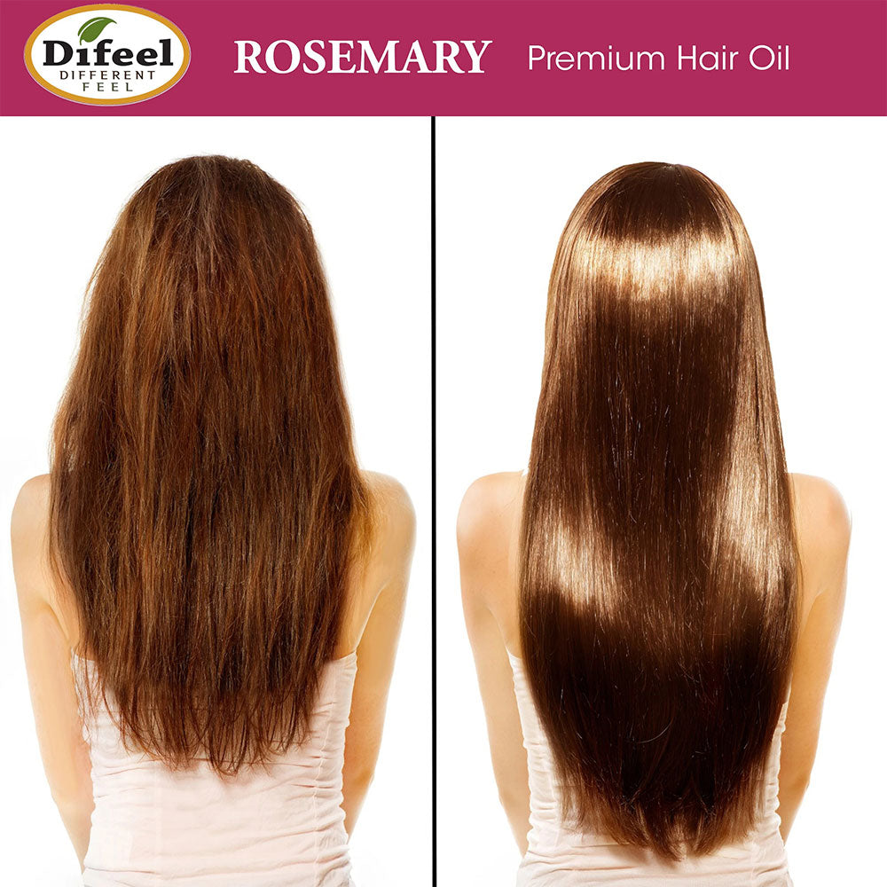 DIFEEL rosemary hair growth oil before and after comparison showing frizzy hair transformed to smooth shiny long hair