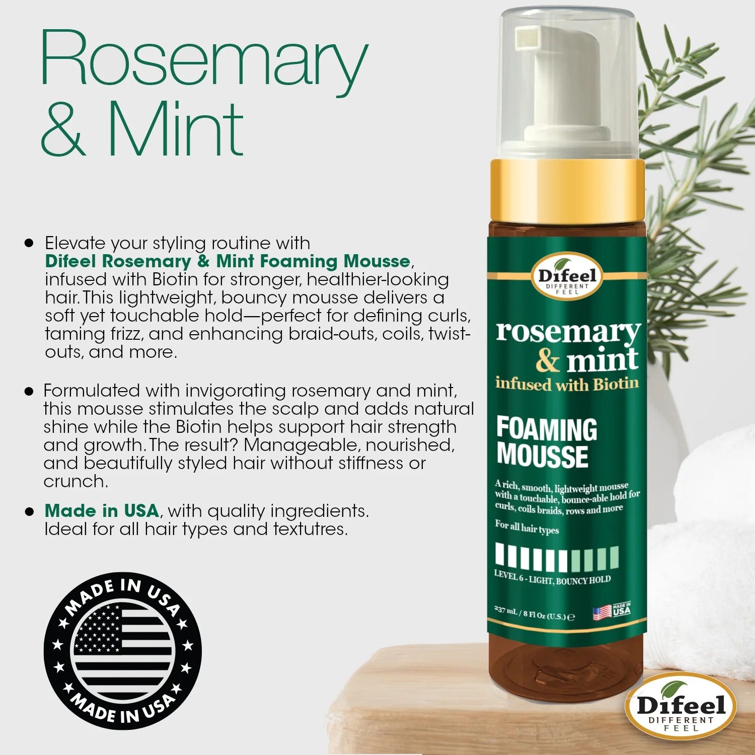 Difeel rosemary mint hair mousse foaming bottle with pump and rosemary sprig on label for styling