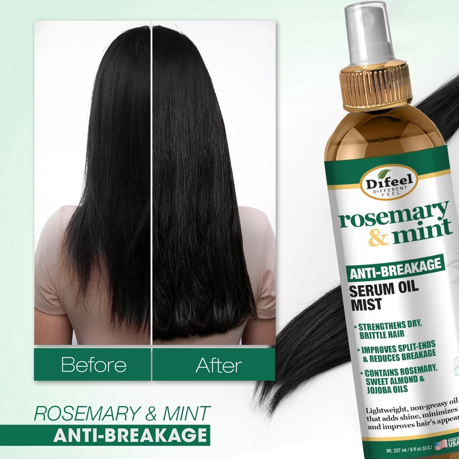 DIFEEL rosemary mint hair serum bottle and before and after photo showing smoother stronger hair