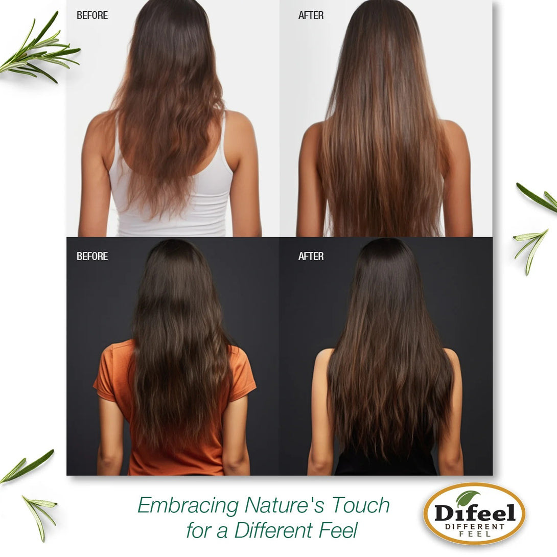 Difeel before and after collage showing back view of smoother shinier hair using rosemary mint hair serum with rosemary sprigs