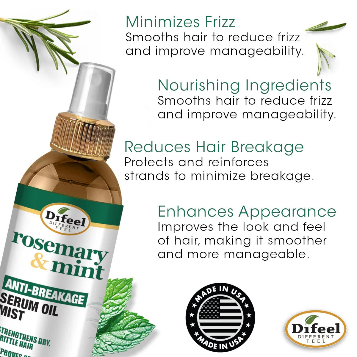 DiFeel rosemary mint hair serum anti breakage spray bottle with mint and rosemary graphics and benefits