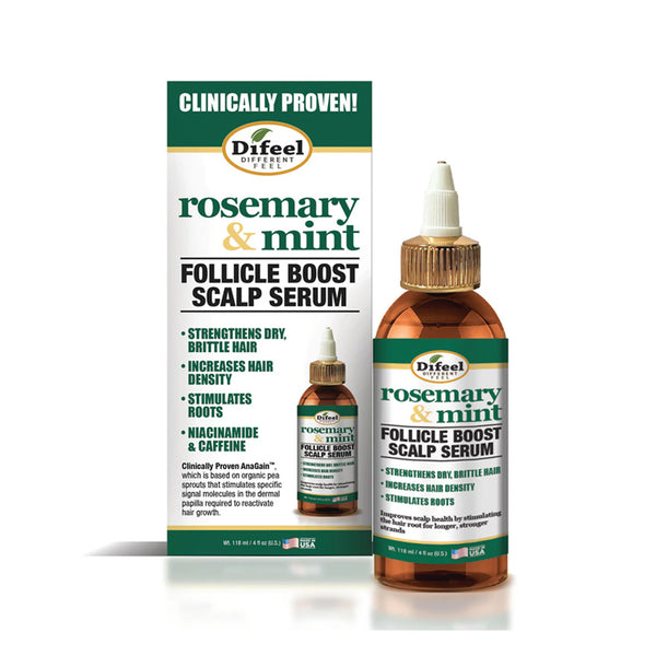 DIFEEL rosemary mint scalp serum bottle and product box labeled Follicle Boost scalp serum benefits