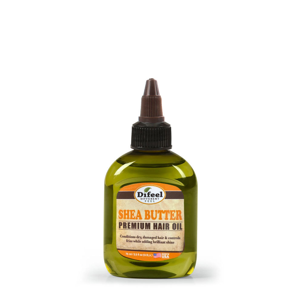 DIFEEL shea butter hair oil in green squeezable bottle with precision applicator tip for conditioning and shine