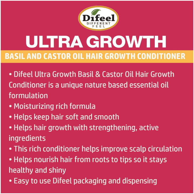 Difeel Ultra Growth basil and castor oil hair growth conditioner label showing benefits and features ultra growth conditioner