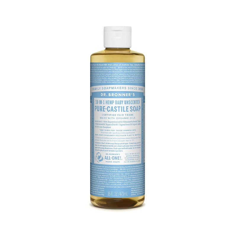 Dr Bronners unscented hemp castile soap baby pure castile 16 oz clear bottle with blue label