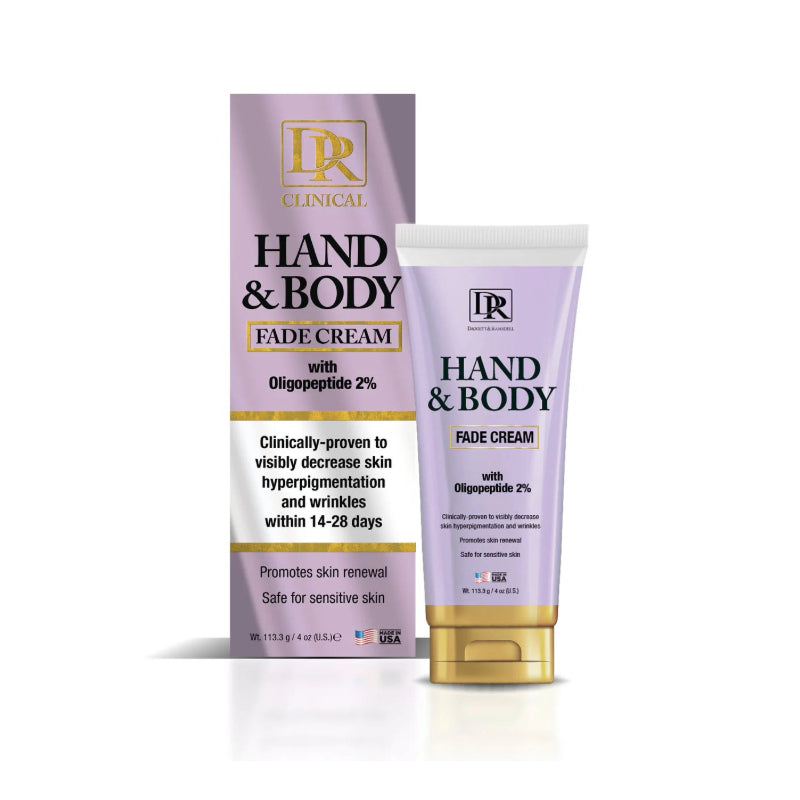 DAGGETT and RAMSDELL hand and body fade cream tube and box in lavender packaging for hyperpigmentation
