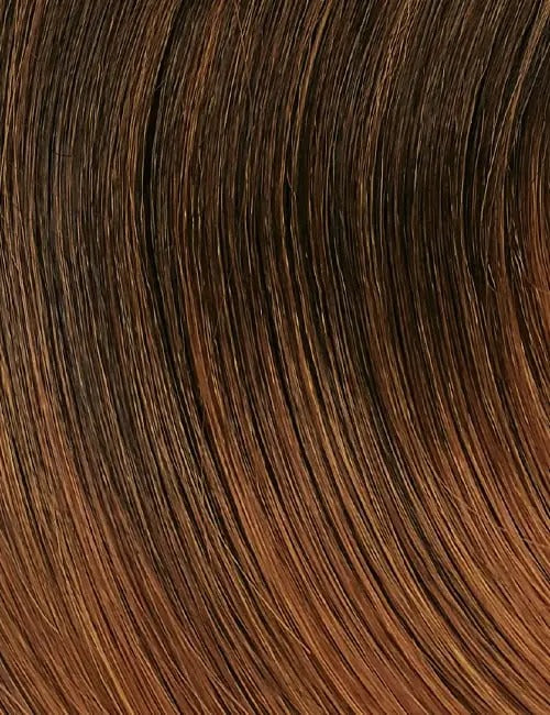 Close-up of OUTRE hair texture showcasing a smooth, brown drawstring ponytail for natural hair