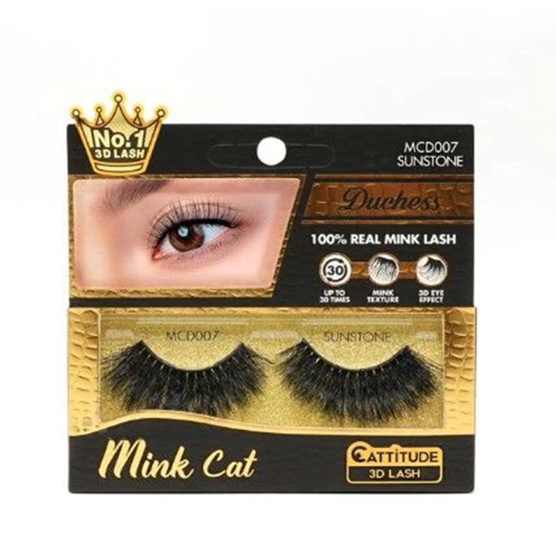 EBIN Mink Cat Duchess 3D mink lashes Sunstone false eyelashes in gold tray with dramatic 3D volume