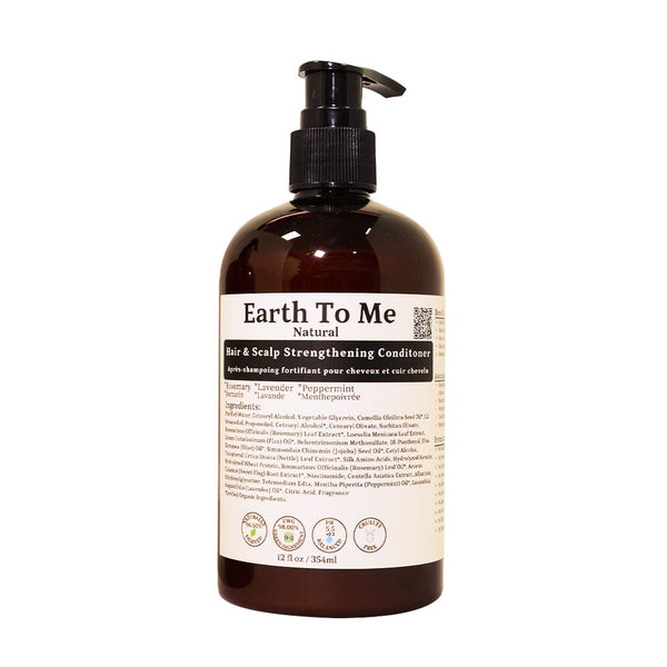 EARTH TO ME hair and scalp strengthening conditioner amber pump bottle with white natural ingredients label 12 fl oz