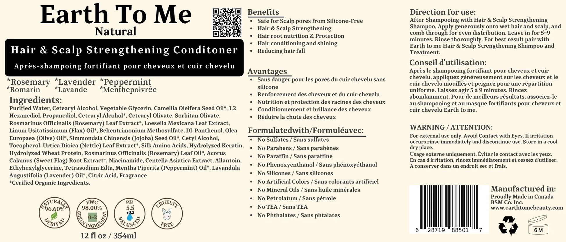 Earth To Me Natural hair and scalp strengthening conditioner bottle label showing ingredients directions and benefits