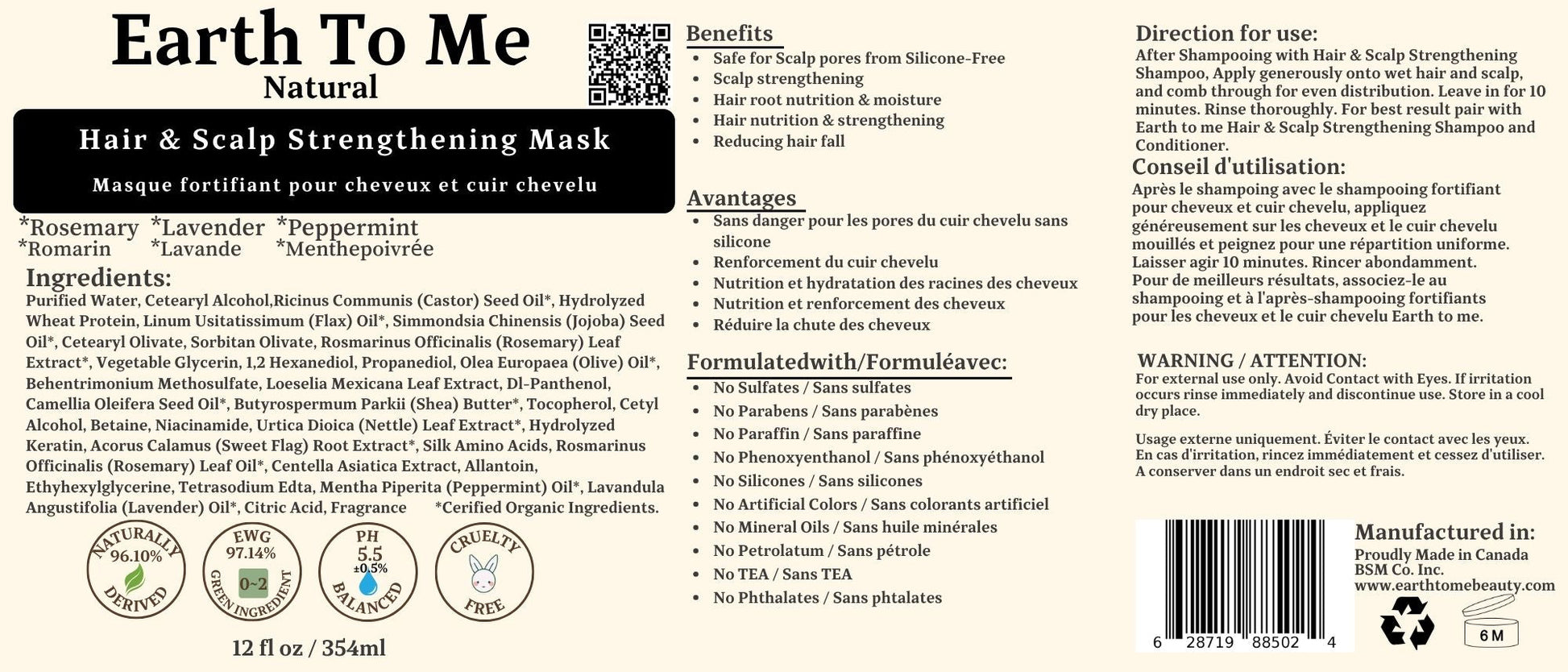 Earth To Me hair and scalp strengthening mask label showing rosemary lavender peppermint ingredients and directions