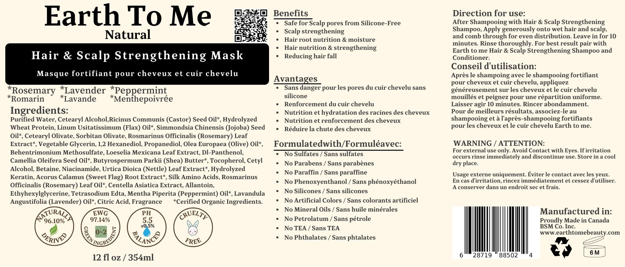Earth To Me hair and scalp strengthening mask label showing rosemary lavender peppermint ingredients and directions