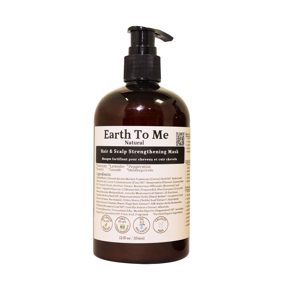 Earth To Me brown pump bottle hair and scalp strengthening mask with natural label 12 fl oz