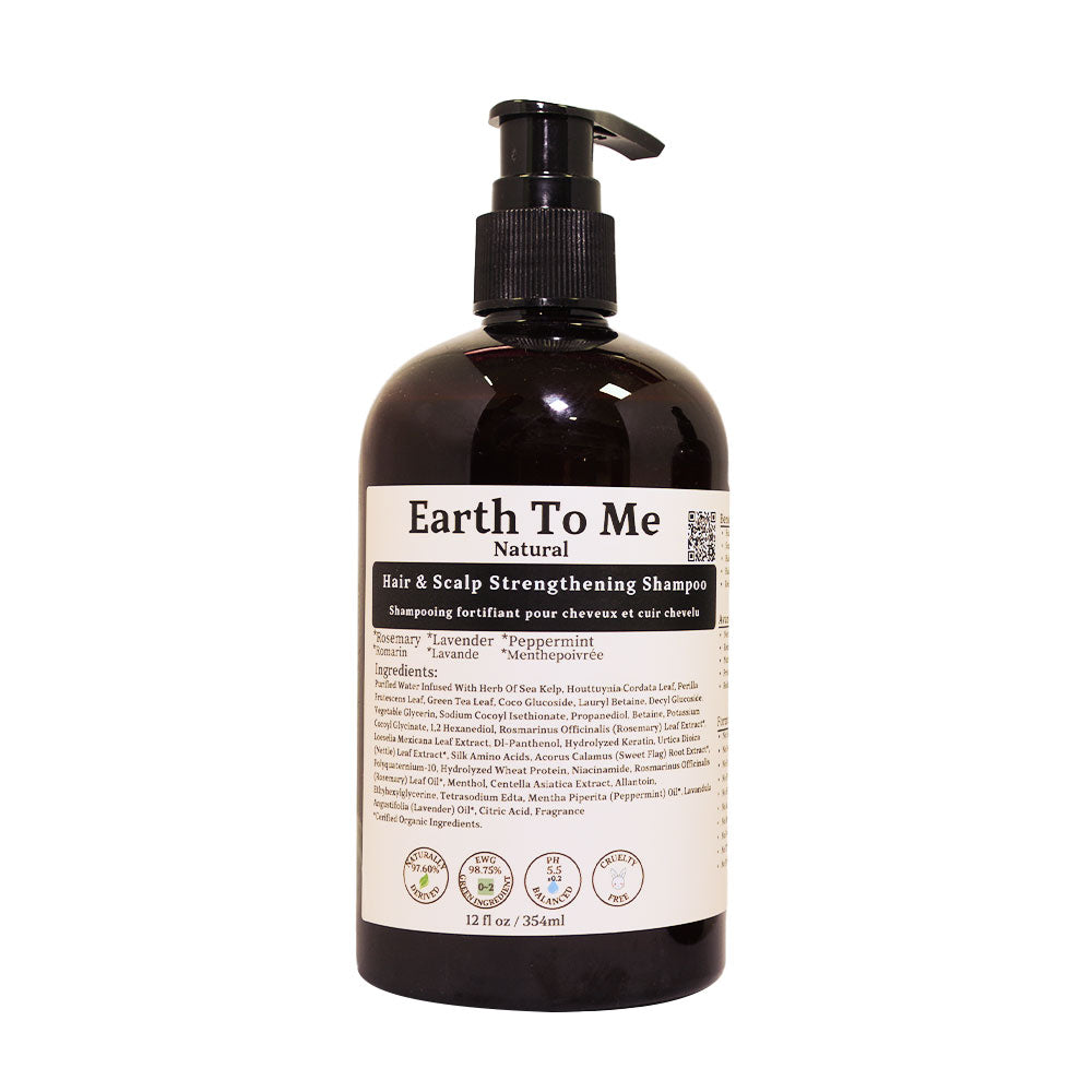 Earth To Me brown pump bottle hair and scalp strengthening shampoo 12 fl oz natural label