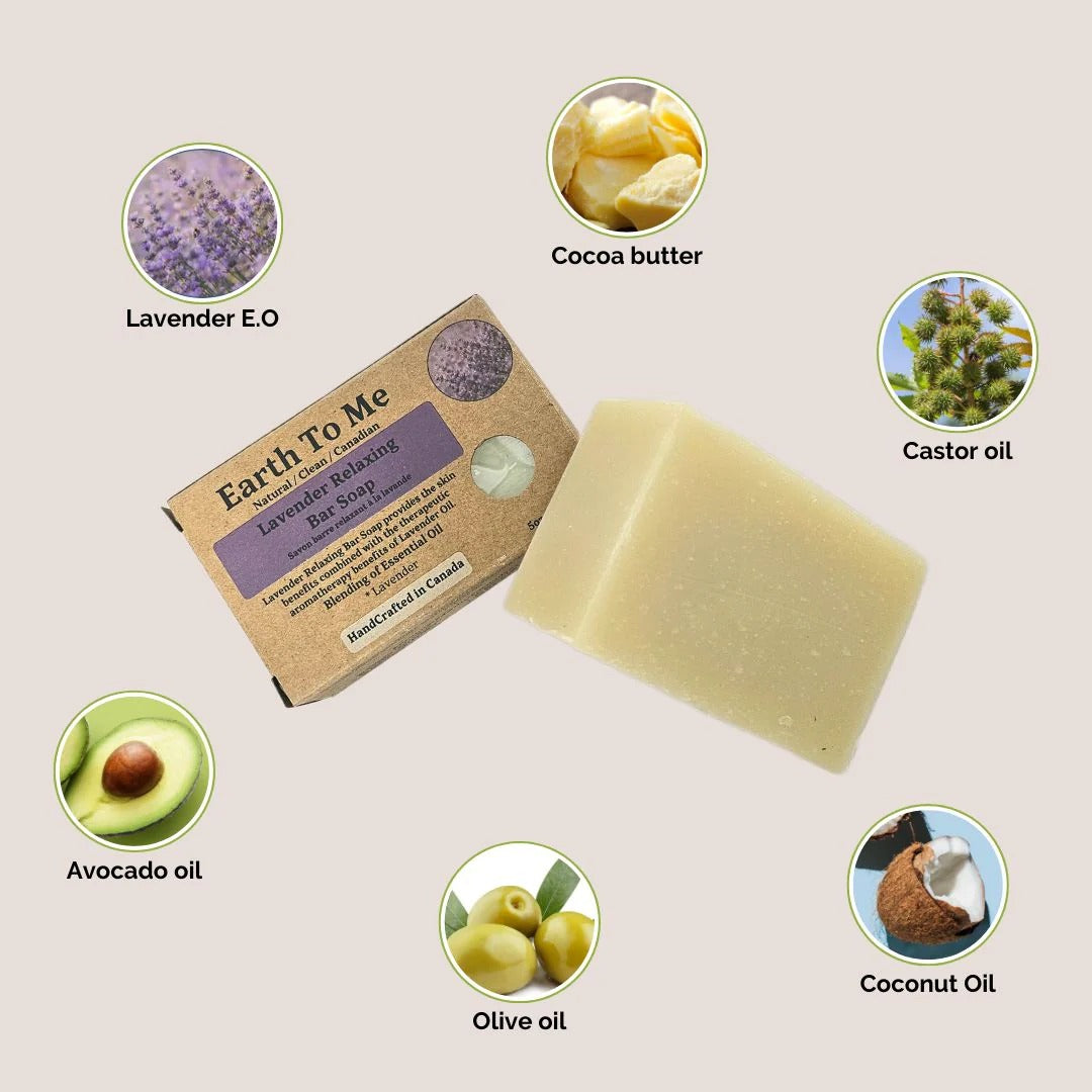 Earth To Me lavender relaxing bar soap with natural ingredients like lavender EO, cocoa butter, castor oil, avocado oil, olive oil, and coconut oil