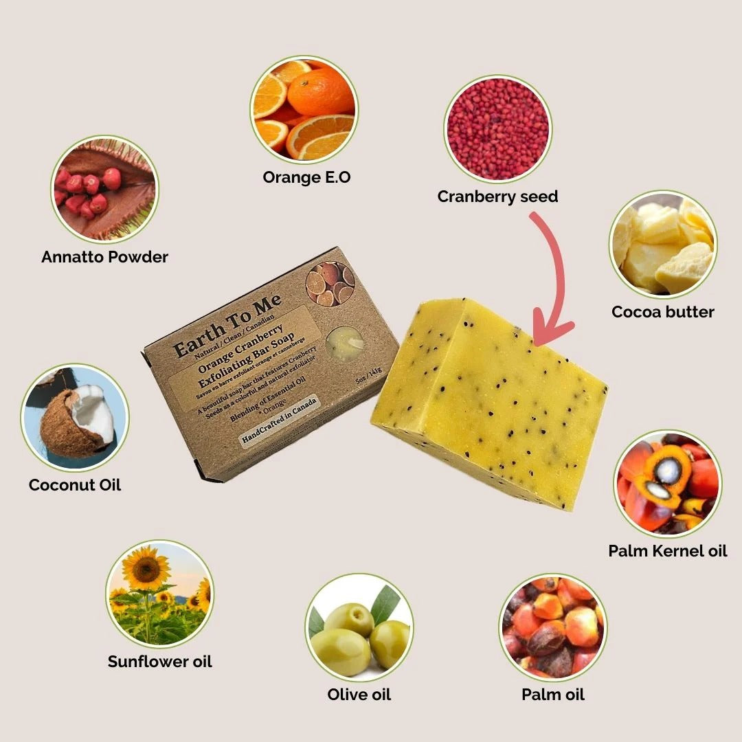 Earth To Me orange cranberry exfoliating soap bar with natural ingredients like cranberry seed and oils