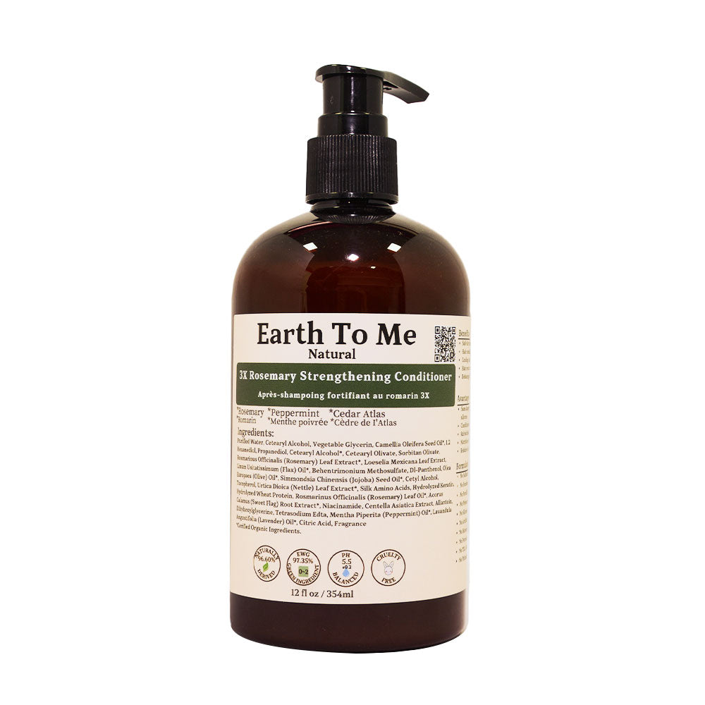 Earth To Me rosemary hair strengthening conditioner in amber pump bottle with natural ingredient label