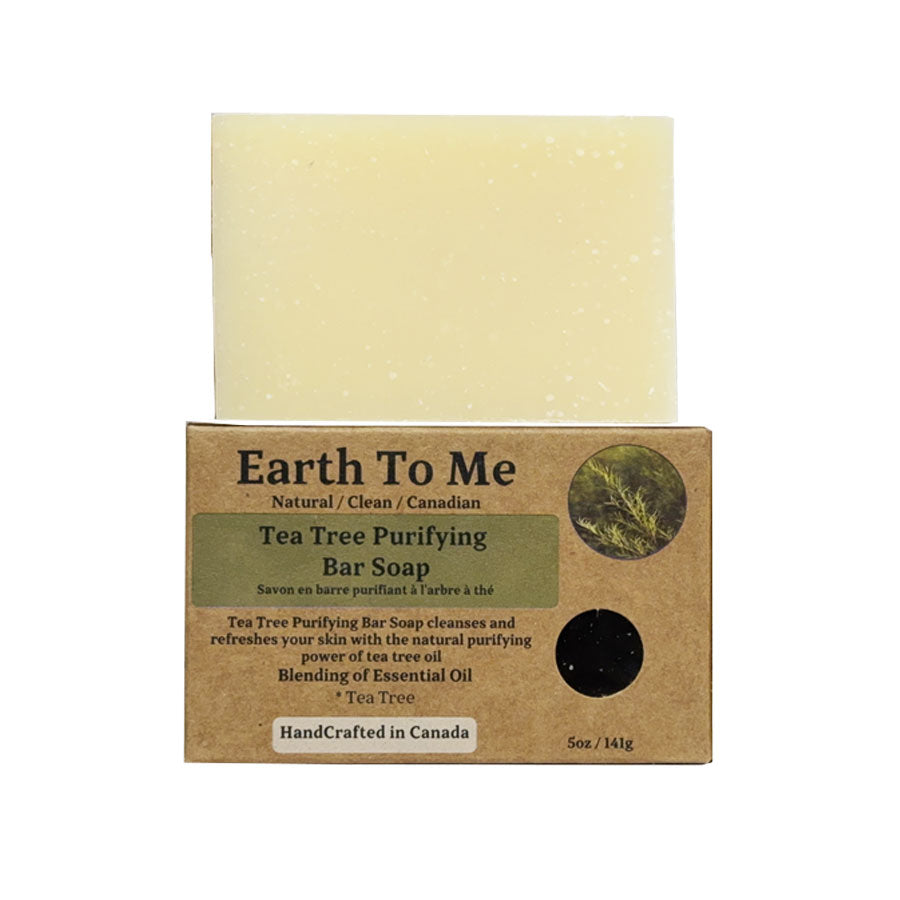Earth To Me tea tree bar soap on recycled kraft packaging labeled Tea Tree Purifying Handcrafted in Canada