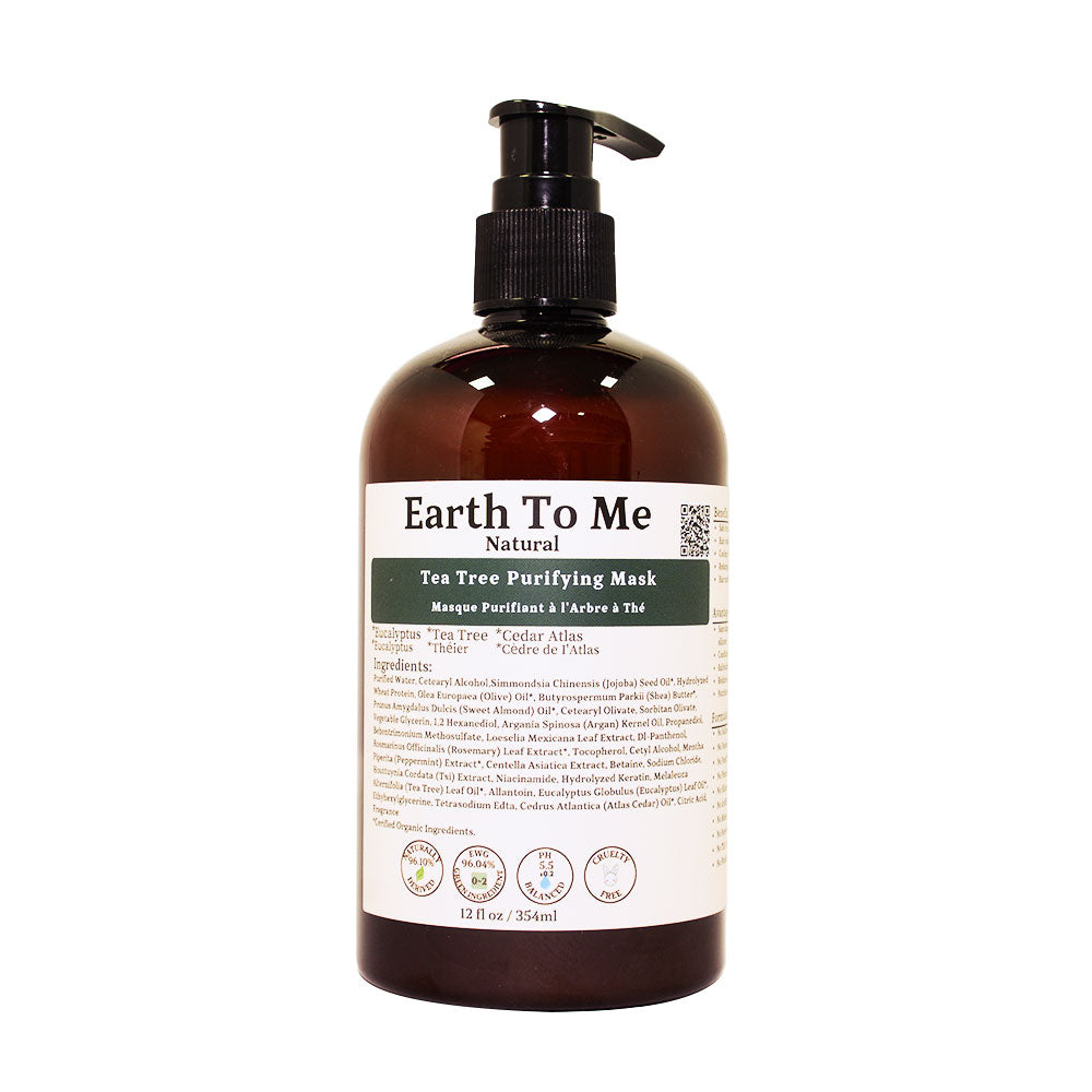 Earth To Me tea tree purifying mask hair care in amber pump bottle clarifying scalp treatment