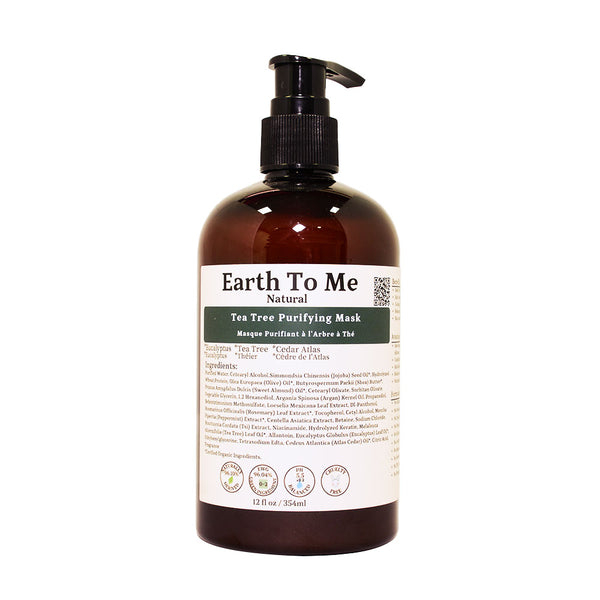 Earth To Me tea tree purifying mask hair care in amber pump bottle clarifying scalp treatment