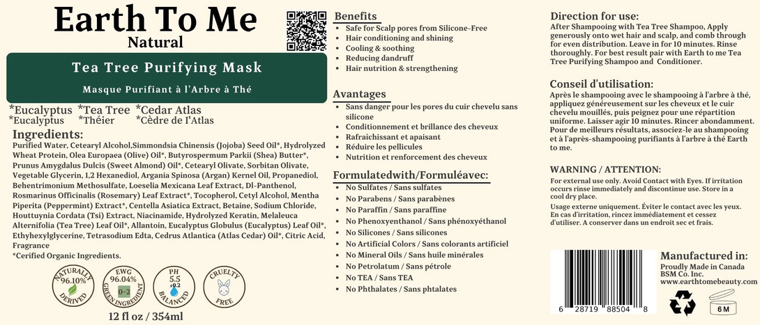 Earth To Me tea tree purifying mask hair care label showing product name ingredients benefits and usage directions