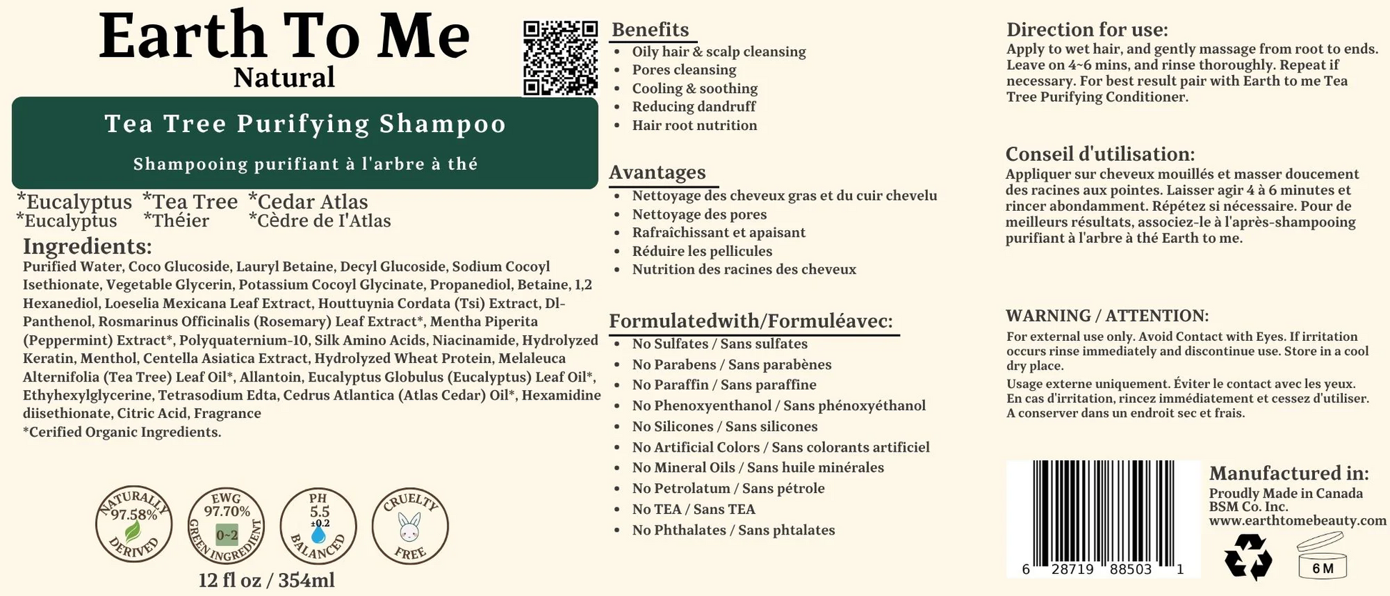 EARTH TO ME tea tree purifying shampoo bottle label showing ingredients benefits directions 12 fl oz