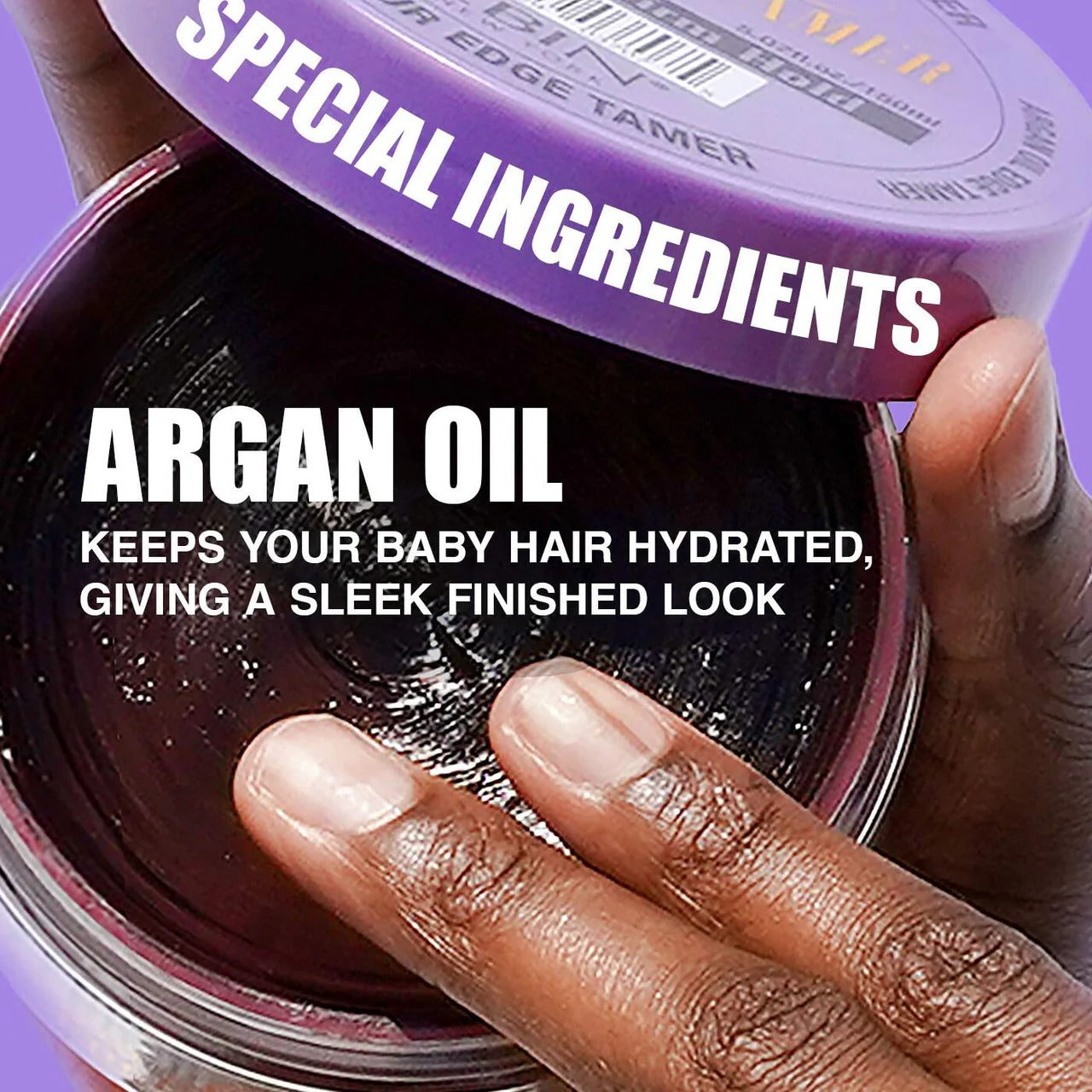EBIN 24 hour edge control gel open jar with finger dipping into argan oil formula for sleek hydrated baby hair