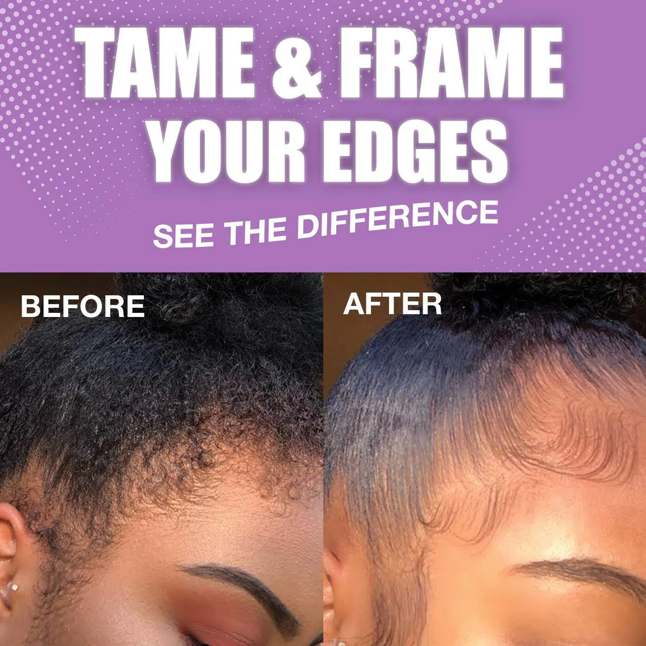 EBIN 24 hour edge control gel before and after image showing tamed laid edges and sleek baby hairs