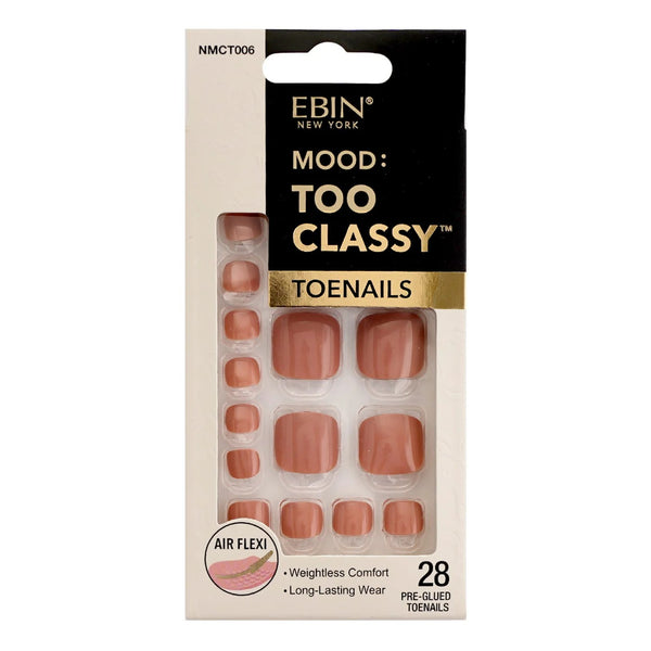EBIN Mood Too Classy packaging showing 28 pre glued 3D mauve press on toenails in soft mauve shade