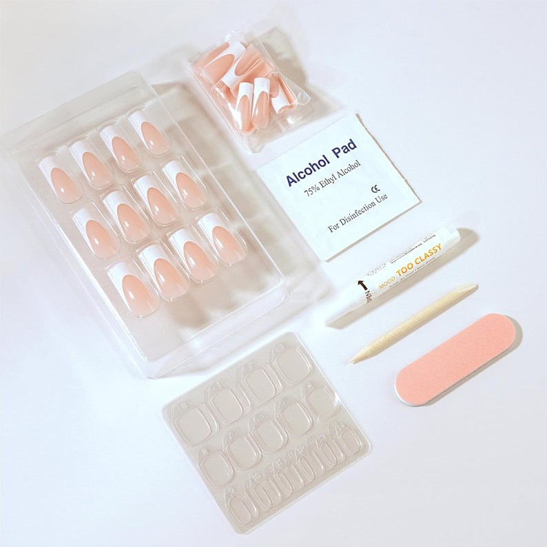 EBIN 3D press on nails classy French pink and white kit with alcohol pad buffer nail stick and adhesive tabs