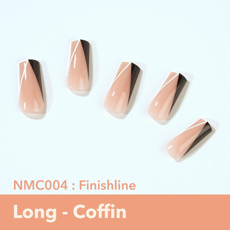 EBIN long coffin nude pink 3D press on nails classy with black diagonal tip and white accent stripe