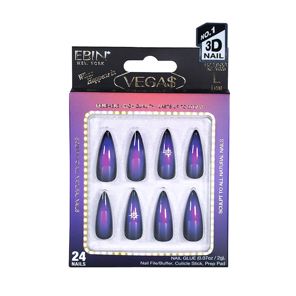EBIN purple ombre stiletto 3D Vegas press on nails pack of 24 with star accent in tray packaging